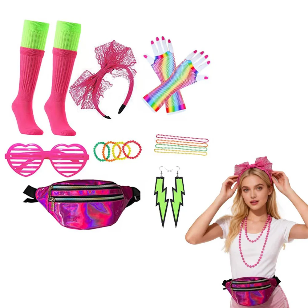 PESENAR 6 pièces de costume d'ère coloré, adapté aux fêtes à thème d'ère colorée ; Fêtes, bals, fêtes disco, Halloween des années 1980