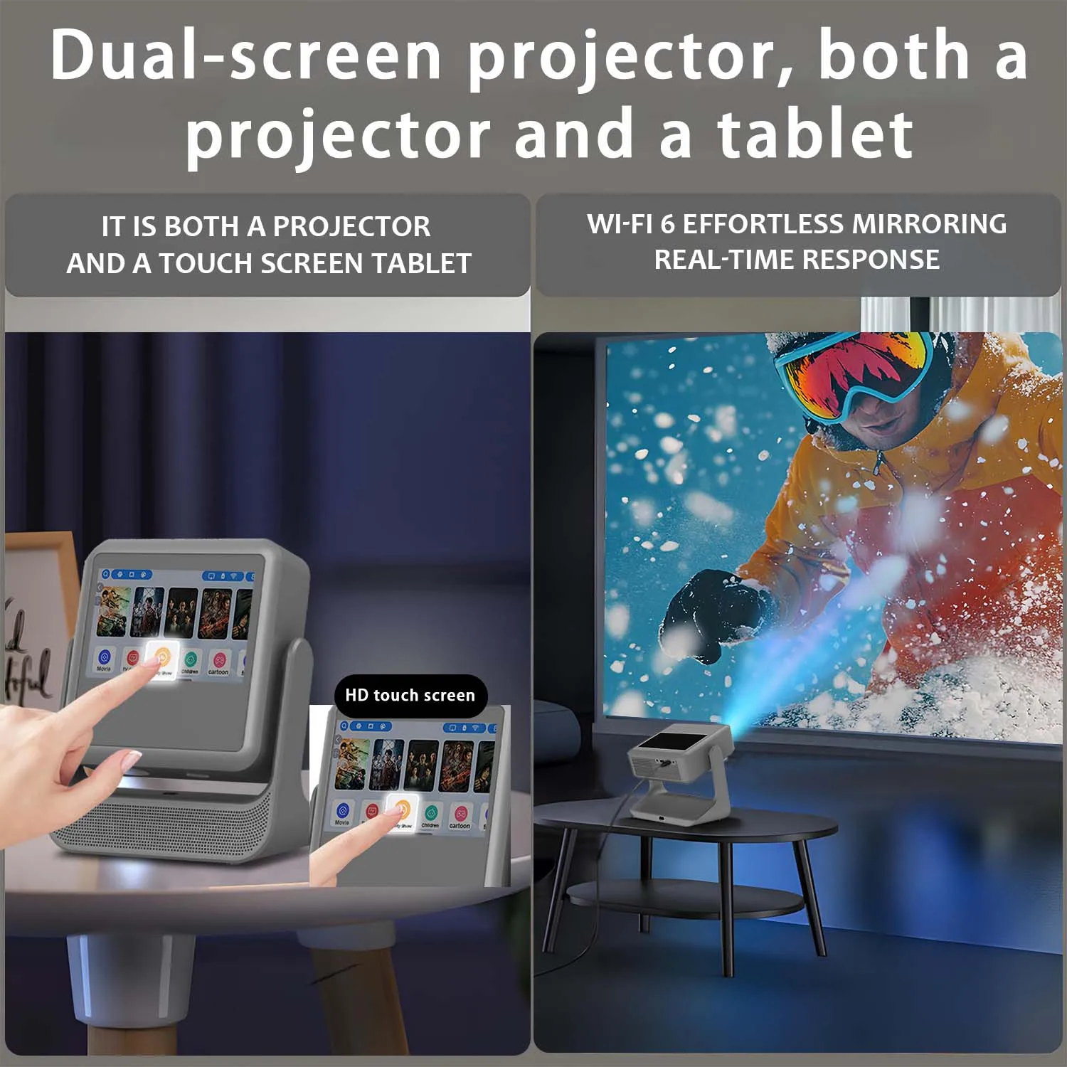 Projektor 4K 1080P, 8" Touch, kabelloses Bluetooth, Dual-Screen-Switch, HDMI USB, Heimkino-Gaming