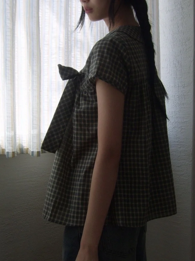 

Summer Vintage Plaid Doll Collar irt Women's ort Sve Knot Korean Sle Loose Fit Bubble Sve Casual Blouse