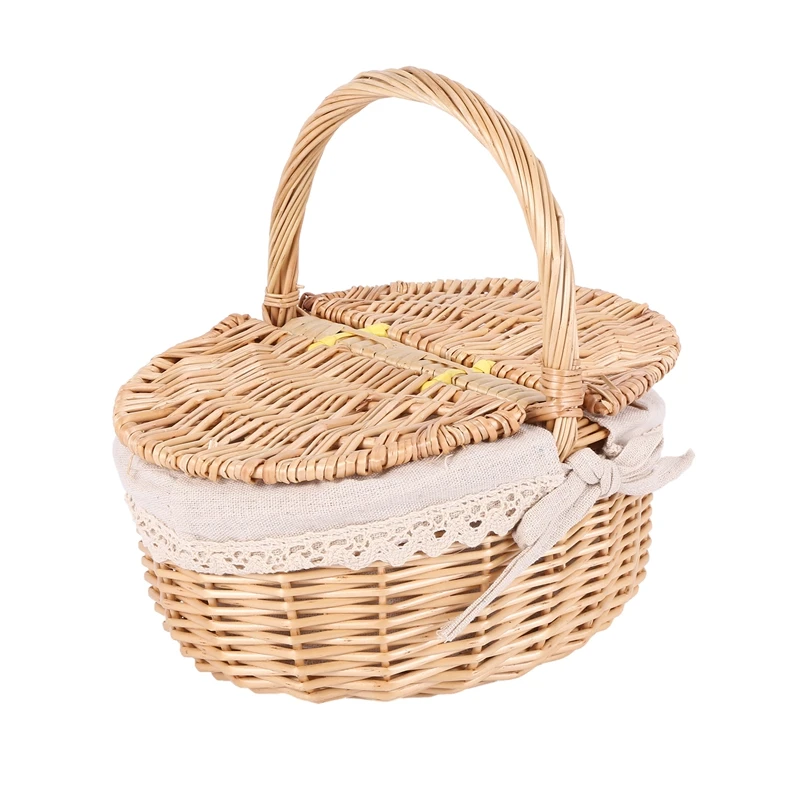 Handmade Wicker Basket With Handle Wicker Camping Picnic Basket With Double Lids Storage Hamper Basket With Cloth Lining