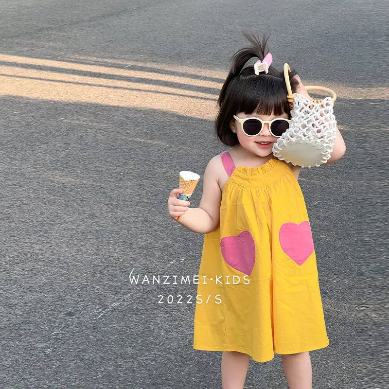 

2022 Summer New Girls' Vacation Style Suspender Dress Love Pocket Dress Super Cute Princess Style Dress