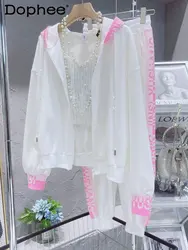 Chándal blanco para mujer, sudadera holgada con diamantes rosas, cárdigan con cremallera, abrigo, chaqueta, pantalones informales, conjuntos de dos piezas