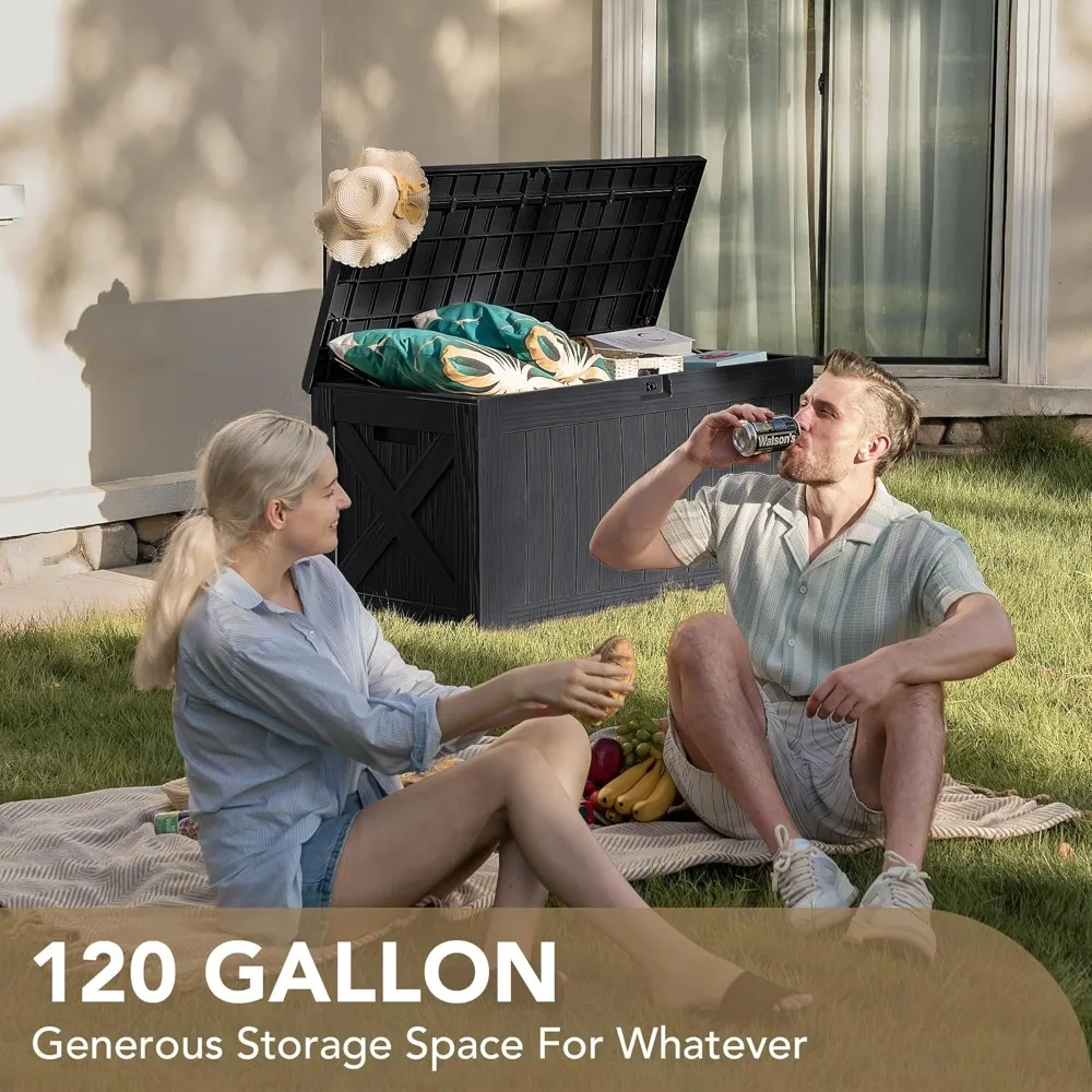 

120 Gallon Deck Box Resin Outdoor Storage Box Waterproof for Patio, Large Outdoor Storage Bench Lockable