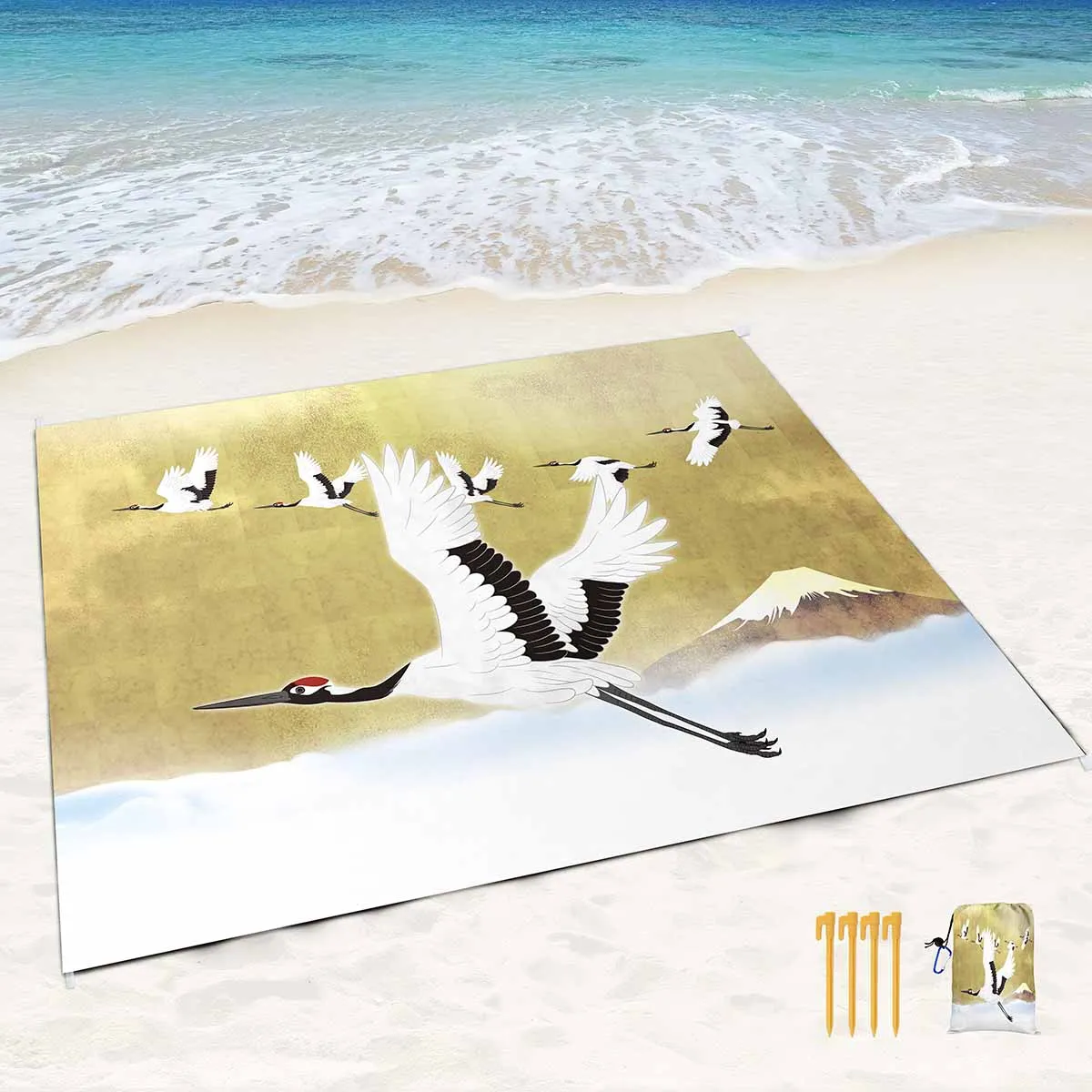 Flying Red-Crowned Crane Beach Blanket Waterproof Sandproof Large Beach Mat With 4 Stakes&1 Storage Bag for Travel Camping Beach