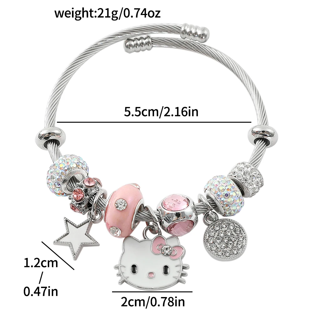 Hello Kitty Beaded Pendant Bracelet, Anime Cartoon Jewelry, Silver Color, Suitable for Girls Gift