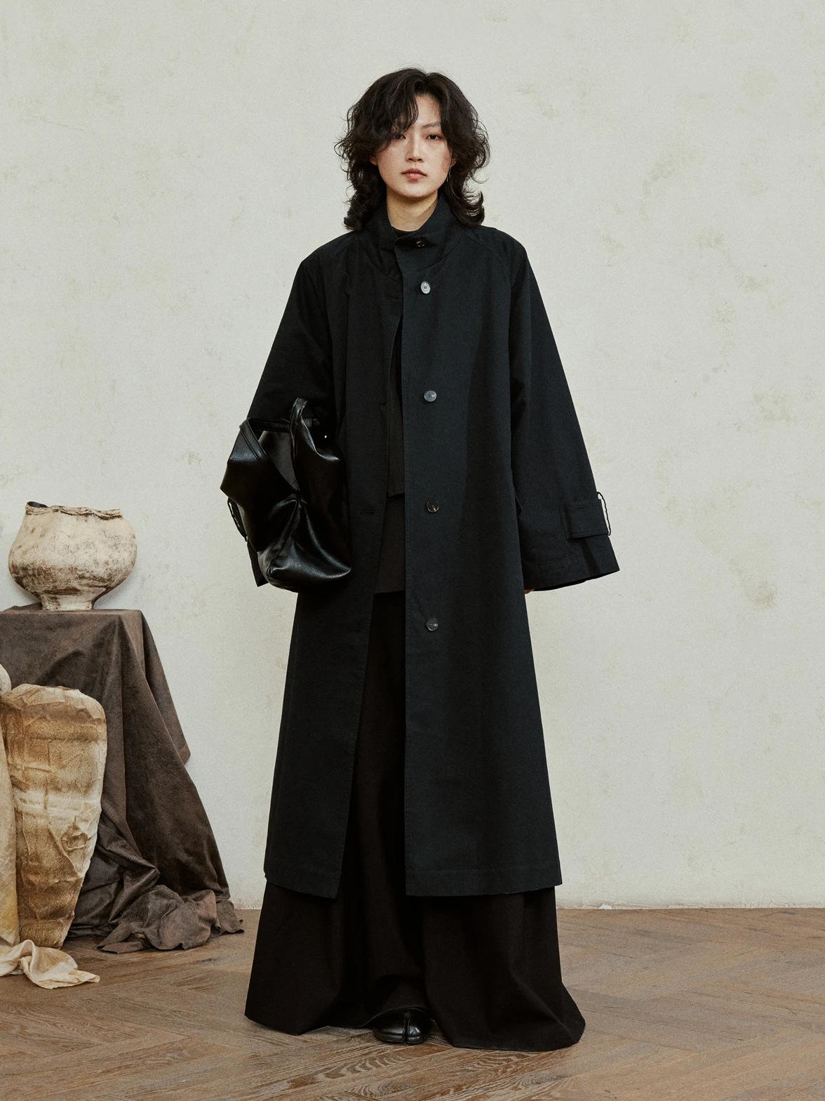 Minimalist Black Long Coat Design with Belt Loose Fit Cotton Windproof Casual Long Sleeve Zipper Closure No Hat Included