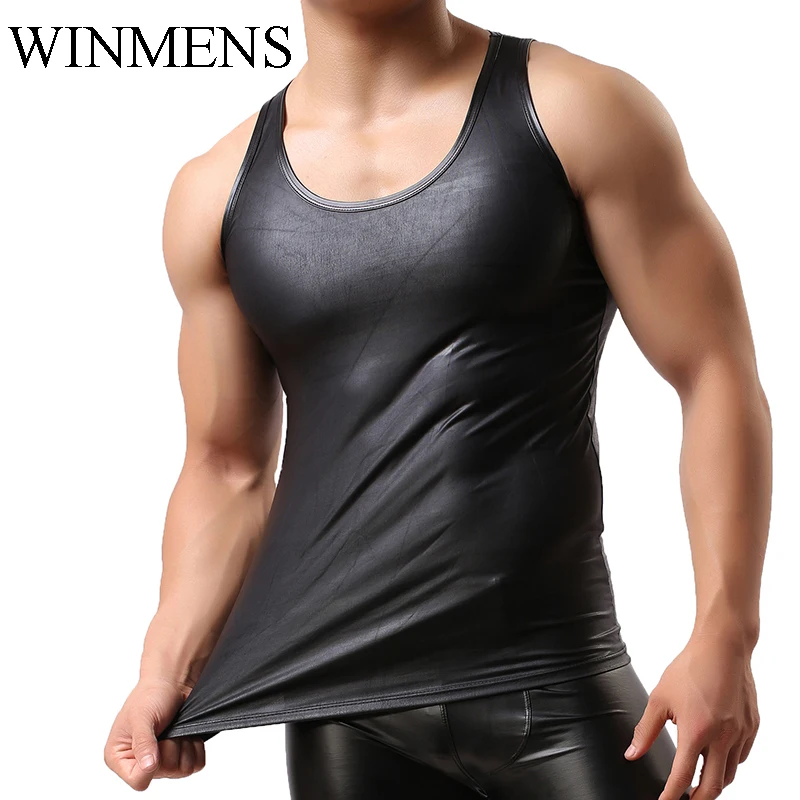 Black Imitation Leather Men's Sleeveless Shirts Male Stage Performance Sexy O-neck Tank Tops Fitness Bodybuilding Singlet