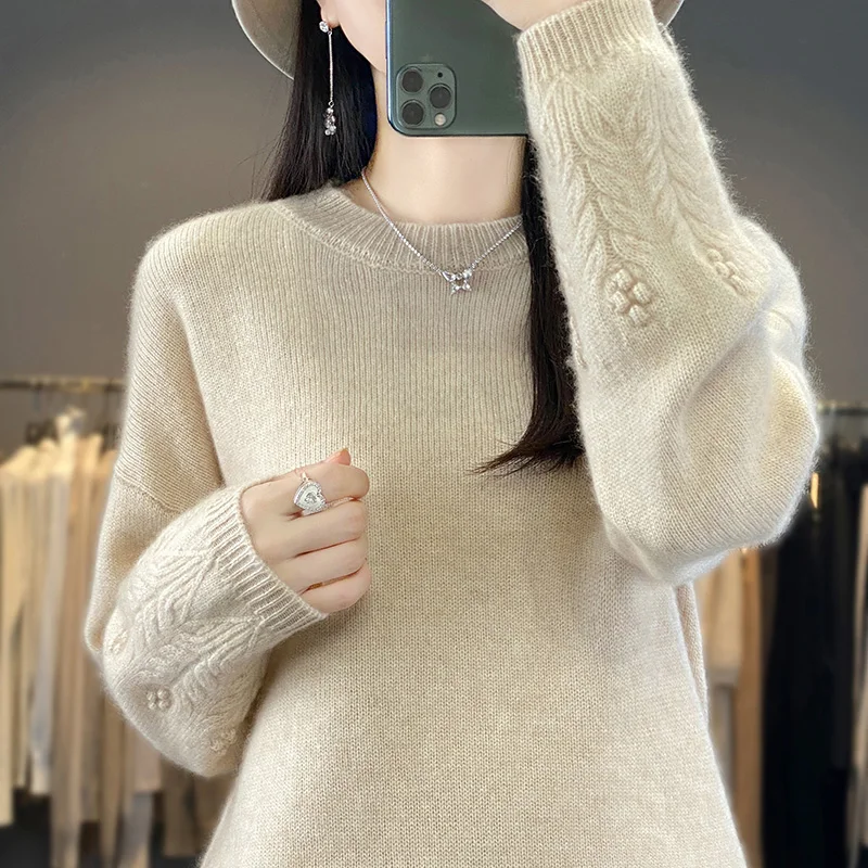 100% Merino Wool Sweater Women\'s Round Neck Jumper Top Fashion Slim Fit Knitted Bottom Sweater Autumn Winter Warm Cashmere sweat