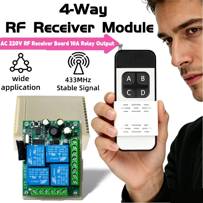 

Universal 433Mhz Wireless Switch AC110V 220V 4CH Relay Receiver Module + 4-Key RF Remote Control Transmitter for Garage Car Gate