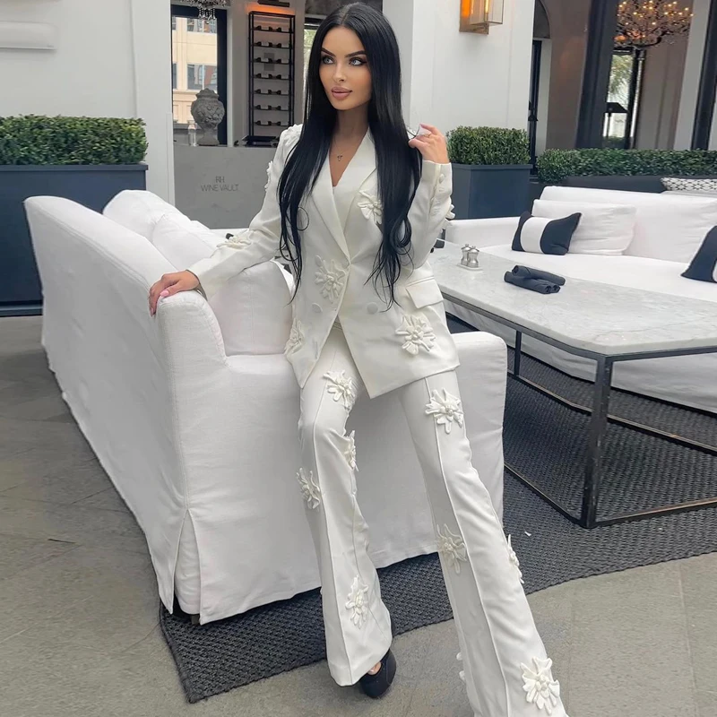 MSMUSI 2023 New Fashion Women Sexy Blazer impreziosito floreale Set due pezzi Party manica lunga Top Flare pantalone lungo completo