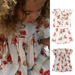 2025 KS Baby Girls Flower Print Dresses Kids Cotton Clothes Toddler Girl Petal Sleeve T Shirt Shorts 2 Pcs Suits Children's Tops