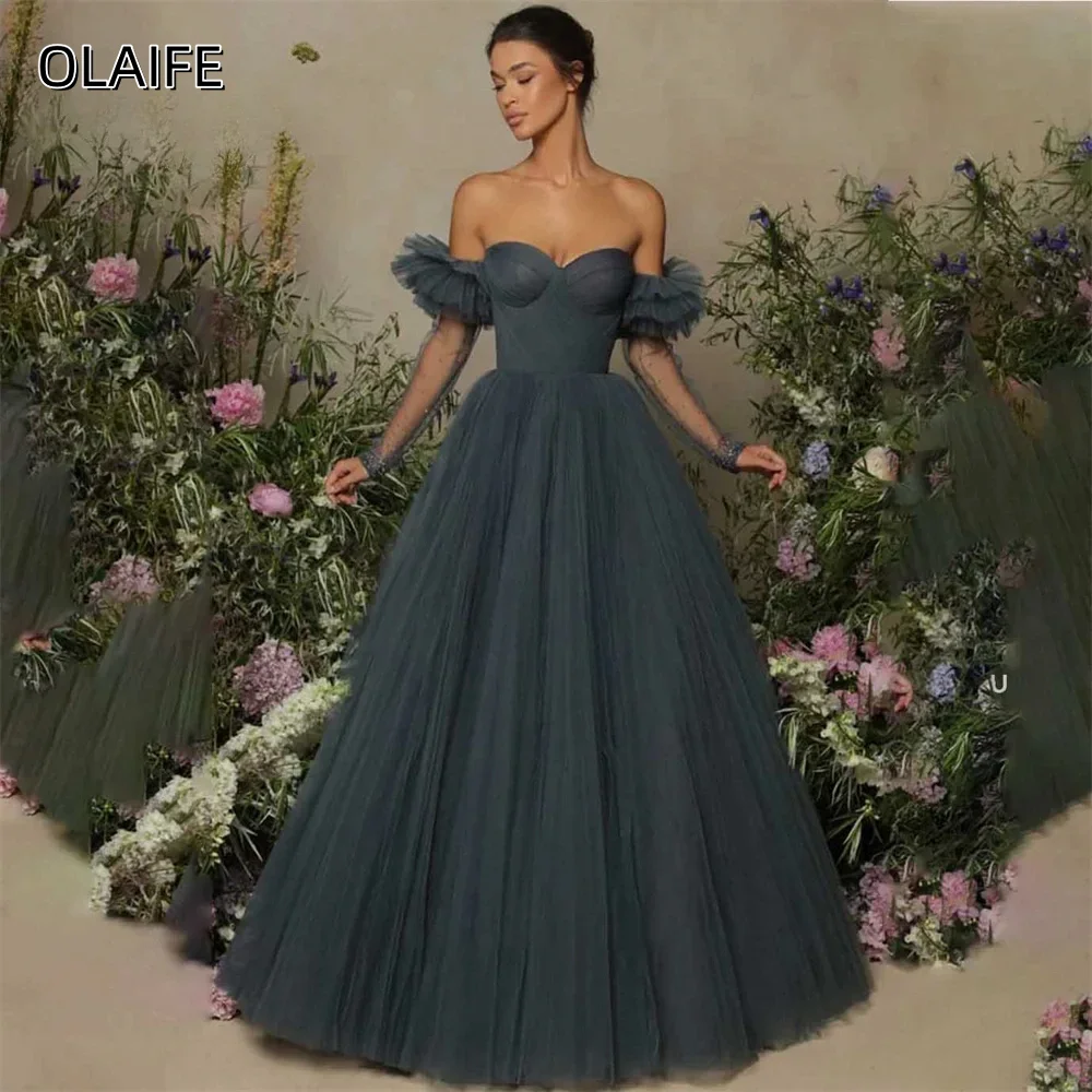 

Тюлевое вечернее платье трапециевидной формы с открытыми плечами, индивидуальное платье для выпускного вечера без рукавов на молнии со шлейфом платье на вып