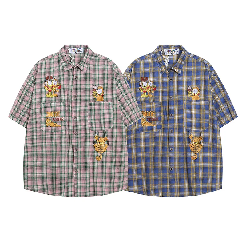 Plaid Cartoon Embroidery Short Sleeve Shirts Mens Summer Retro Streetwear Lapel Single Breasted Half-Sleeve Loose Shirts Cotton