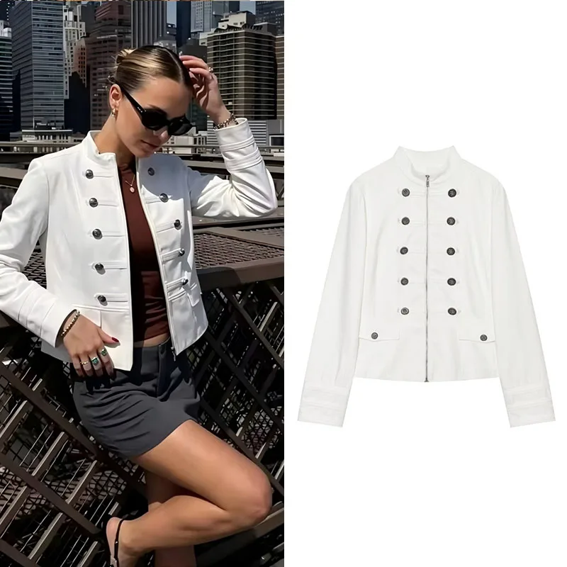 Guobioziy Women's Top 2026 New Style Stand Collar Double-Row Retro Metal Button Short Long-Sleeve Jacket Short and Straight
