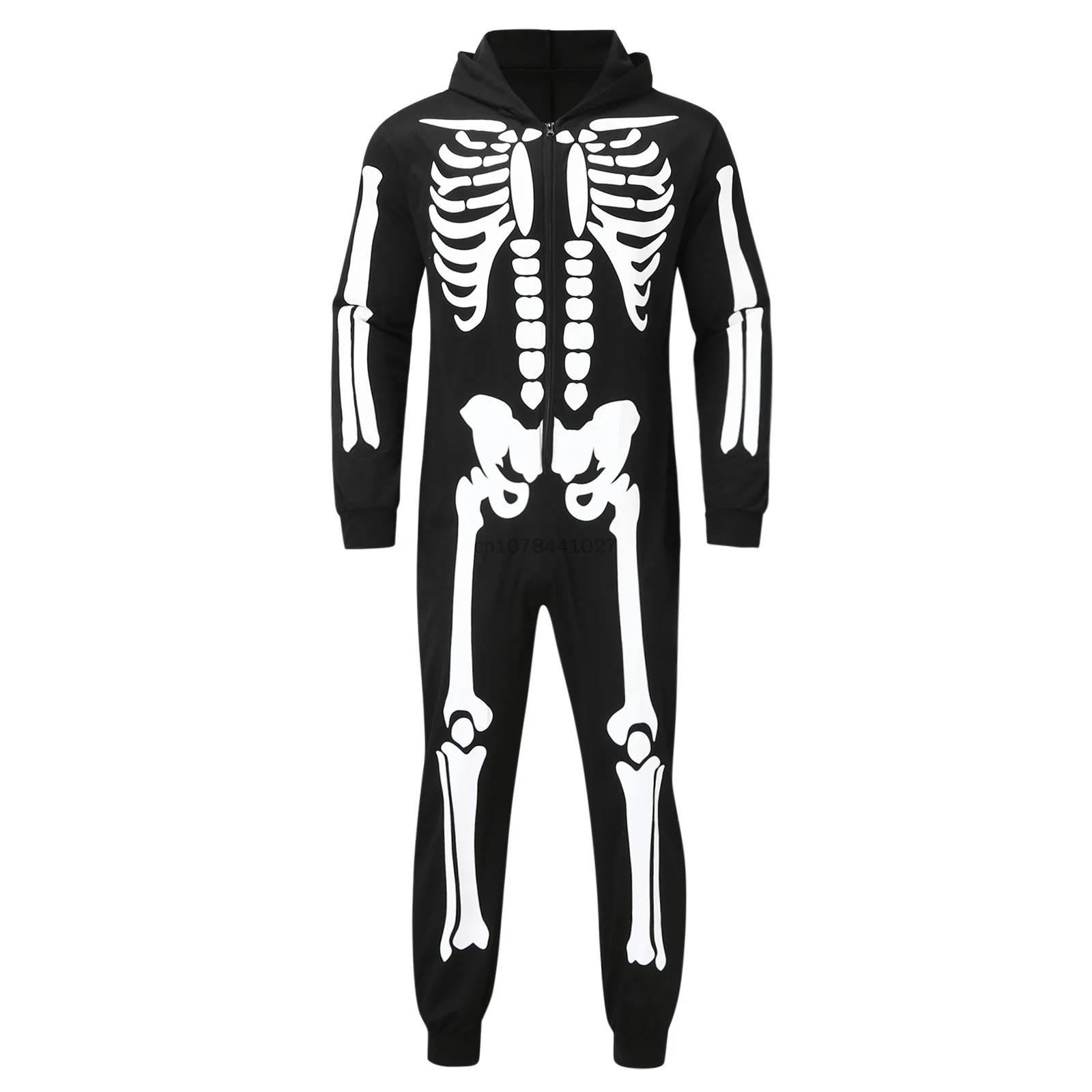 Halloween Carnival Outfit Family Costume Bone Skeleton Jumpsuit Cosplay Zipper Hooded Romper For Adult Kids Women Men Boy Girls