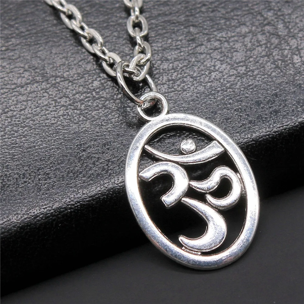 Fashion Simple Vintage Antique Silver Color 22x14mm Om Pendant Necklace For Women