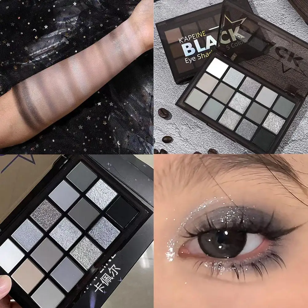 K'apeine 15 Colors Smokey Black Eyeshadow Palette Smoky Dark Black Grey Silver Glitter Matte Finish Long-Lasting Easy to Color