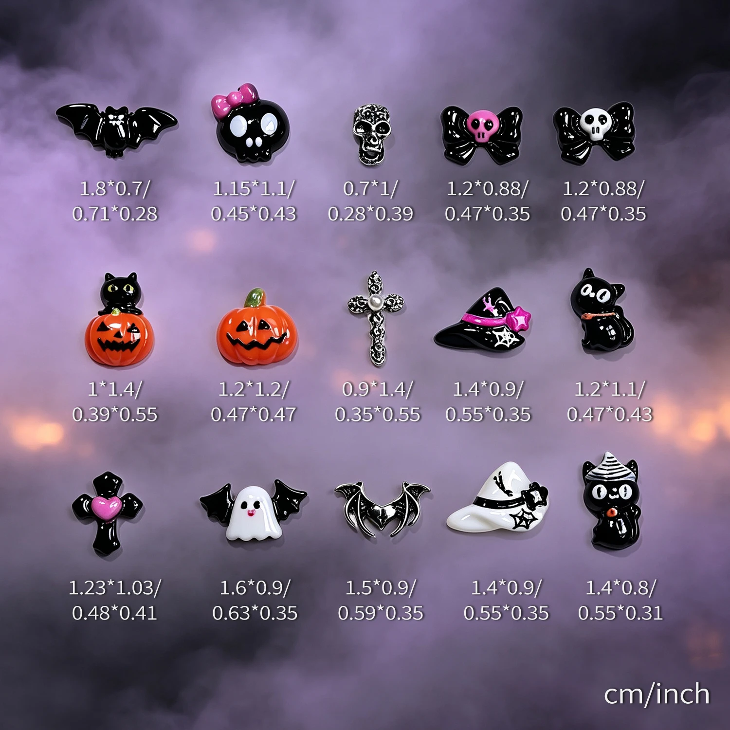 15Grid 3D Niedliche Halloween-Kürbis/Schädel/Geist/Kreuz Nagelsteine Schwarze Katze Schleife Fledermaus Nagel-Charms Harz Flache Rückseite Halloween Nageldekoration – Detail 7