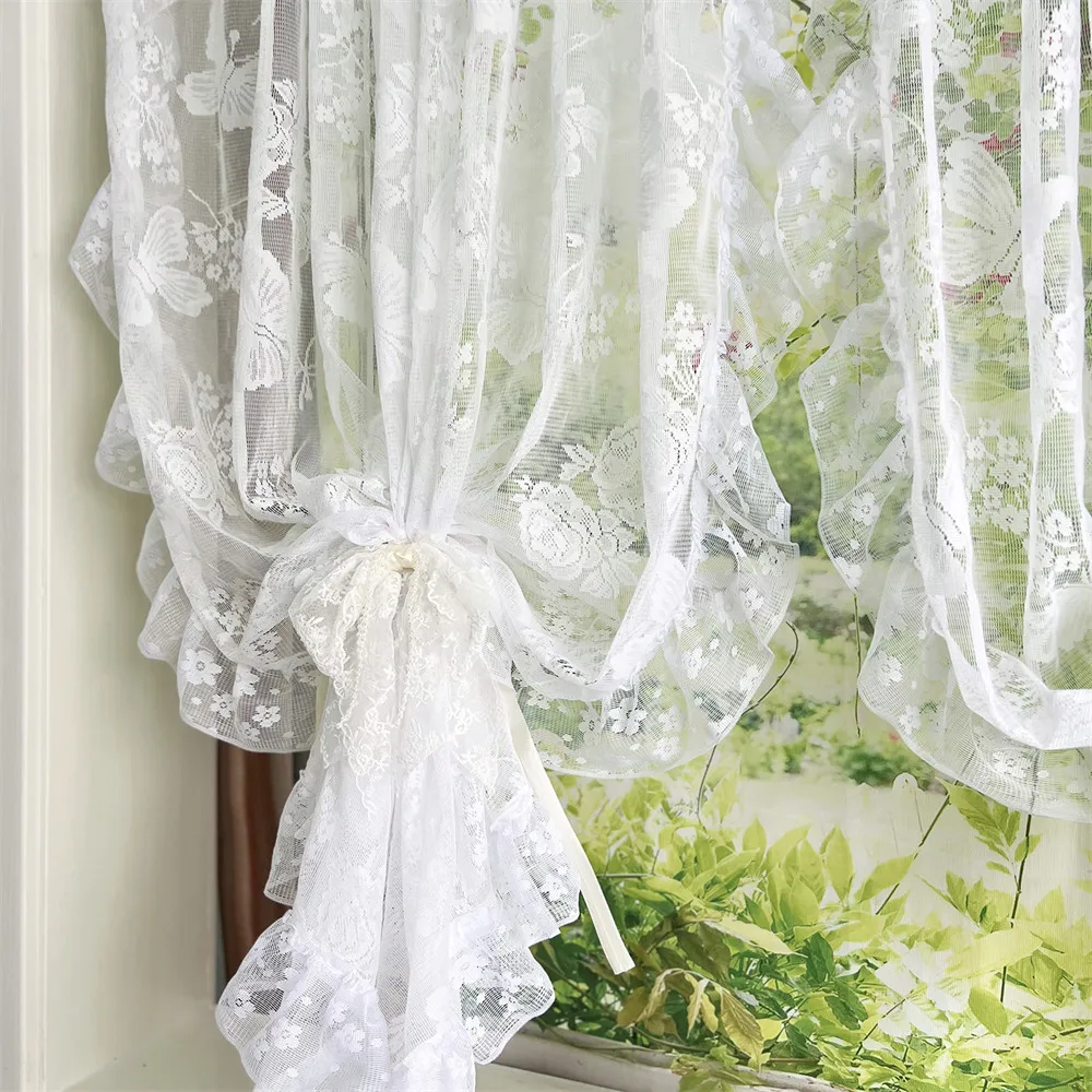 French Lace Jacquard Curtains Retro Luxury Butterfly Lotus Edge Sheer Voile for Living Room Balcony Bay Window Screen