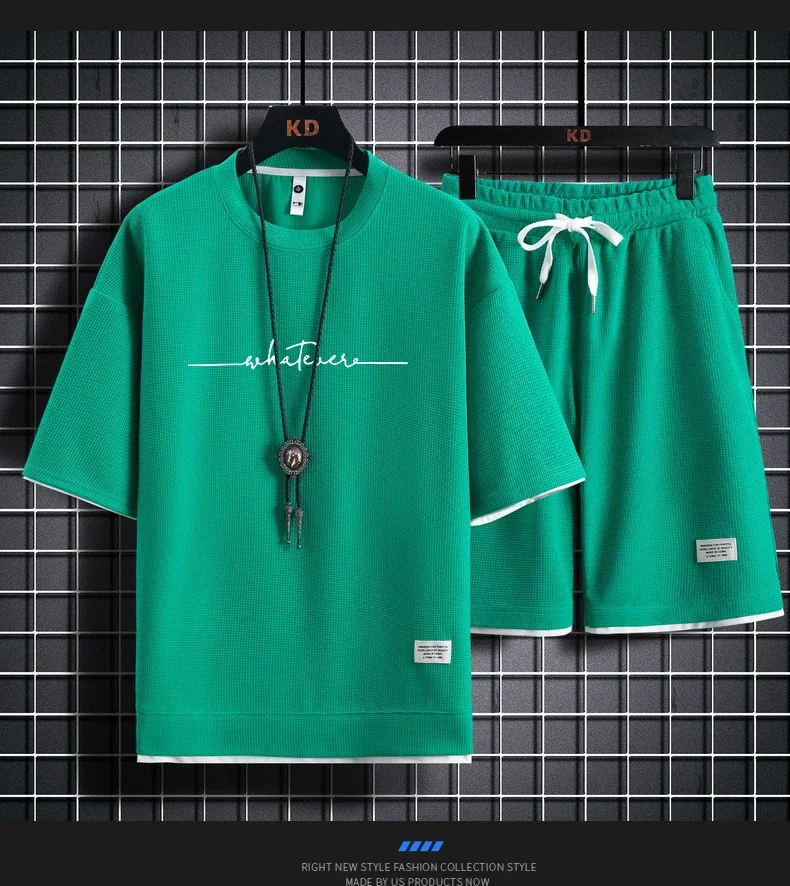 Men's summer Waffle suit: Trendy and high-end casual wear, high-quality breathable and comfortable training clothes, men's short