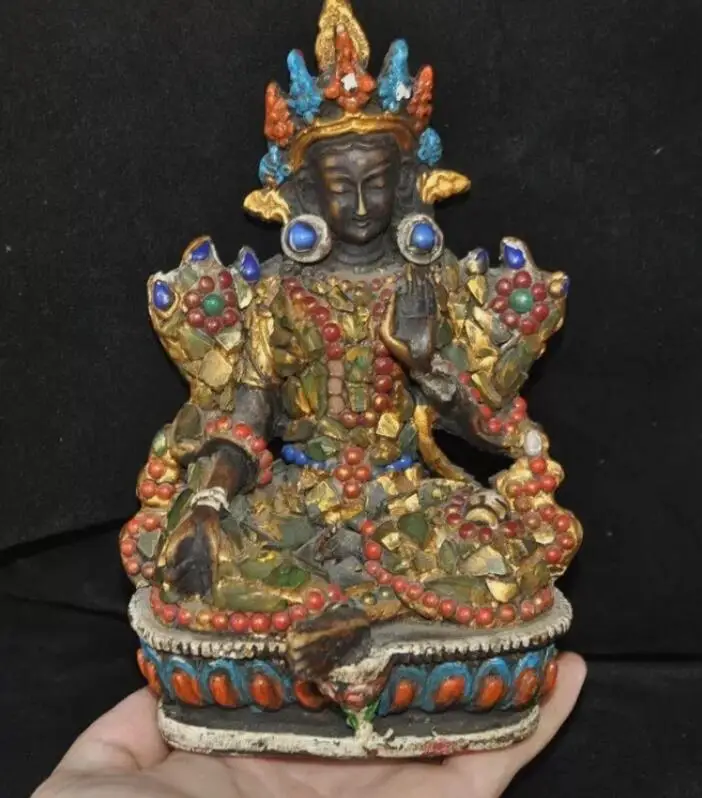 5.8'' Tibetan Buddhism Fragrant ash Gem green Tara Guanyin goddess Buddha Statue