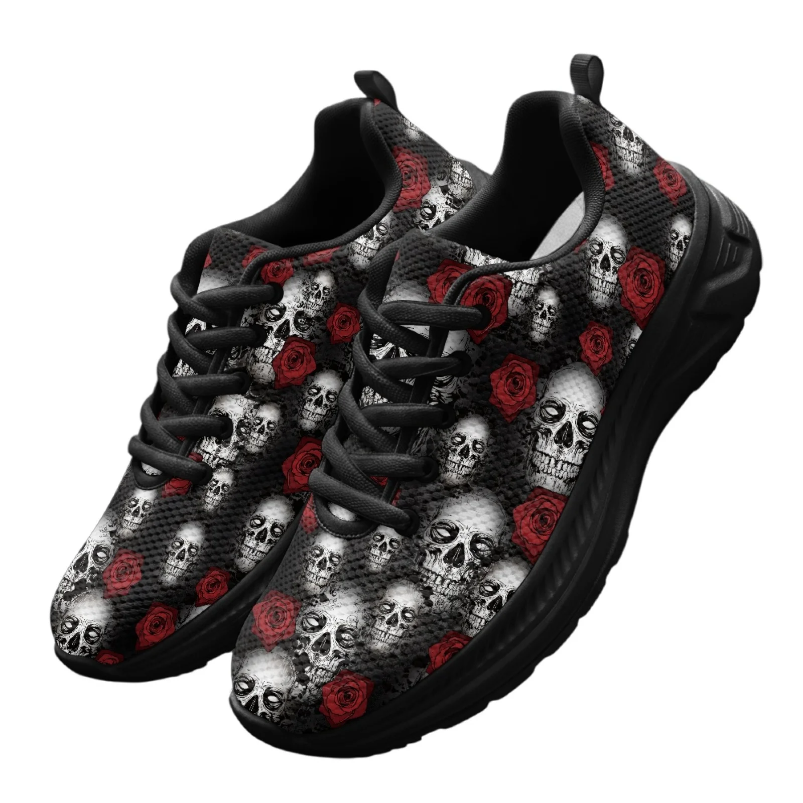 PENSTROLL Skull and Red Rose Workout Sports Shoes Mesh & EVA, Fashion Casual Walking Road Running for Mens All Seasons