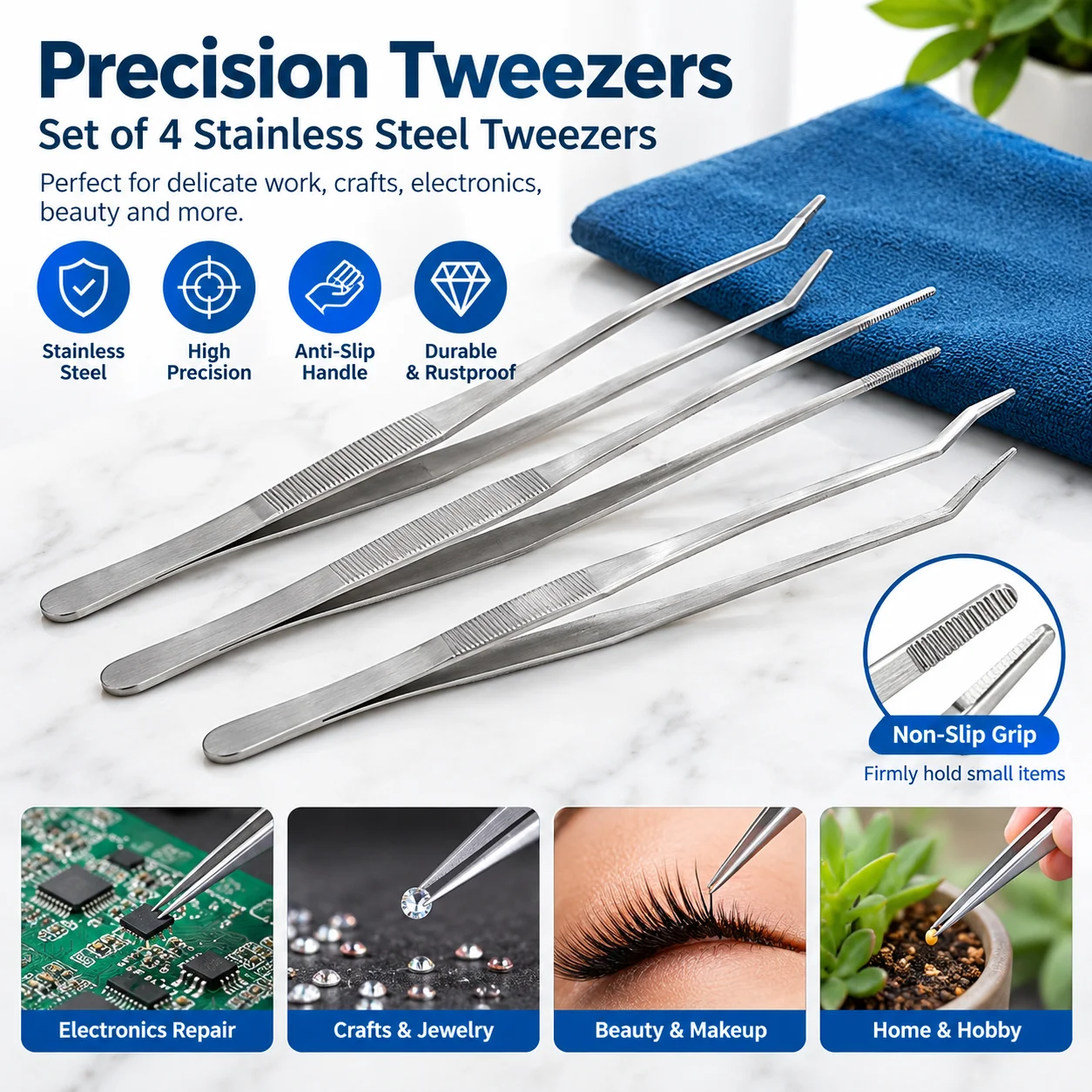 4Pcs Aquarium Tweezers Stainless Silver Long Reach Tongs Fish Tank Cleaning Tools Debris Picker Grabber Aquarium Accessories