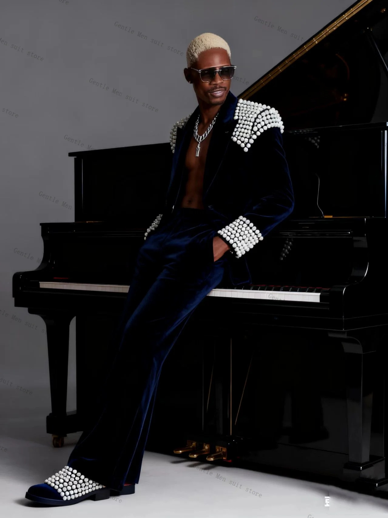 

Pearls Men Suit Set 2 Pcs Blazer+Pants Trousers Blue Velvet Autumn Wedding Tuxedo Formal Office Business Jacket Coat Customized