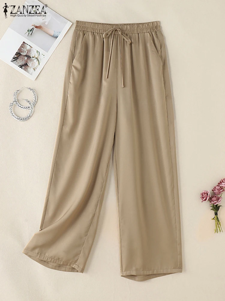 Zanzea feminino diário pantalon rendas vintage cintura elástica cor sólida perna larga calça simples outono 2024 solto calças casuais