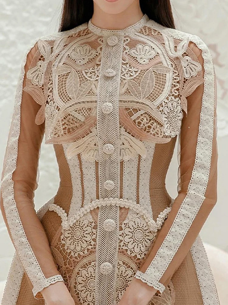 Elegant Embroidery Lace Splicing Dresses Spring Women Long Sleeves O Neck Mini Dress Autumn High Waist Zipper A Line Short Dress