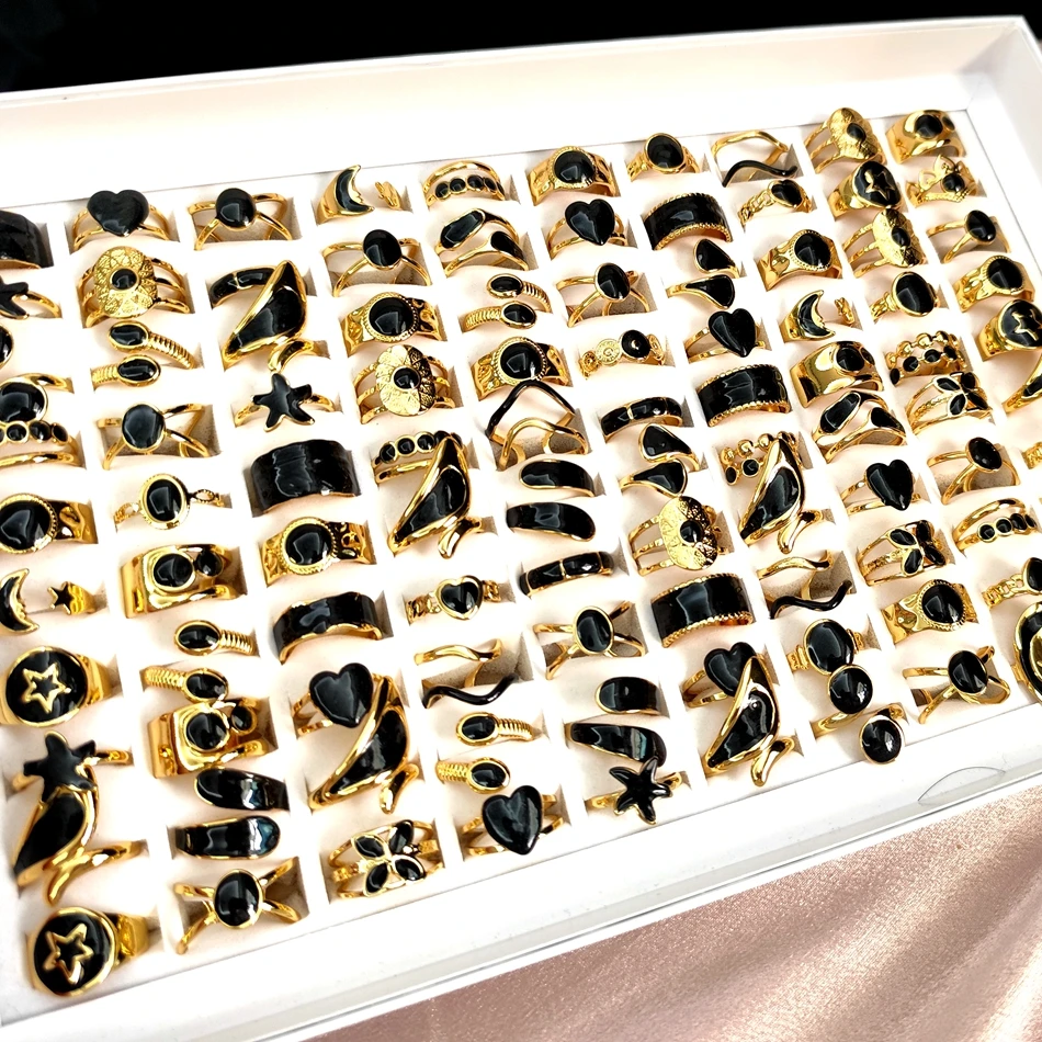 10/20/30/50 Pcs Wholesale Bulk Black Enamel Gold Rings Set For Women Vintage Irregular Open Ring Stainless Steel Jewelry Gift