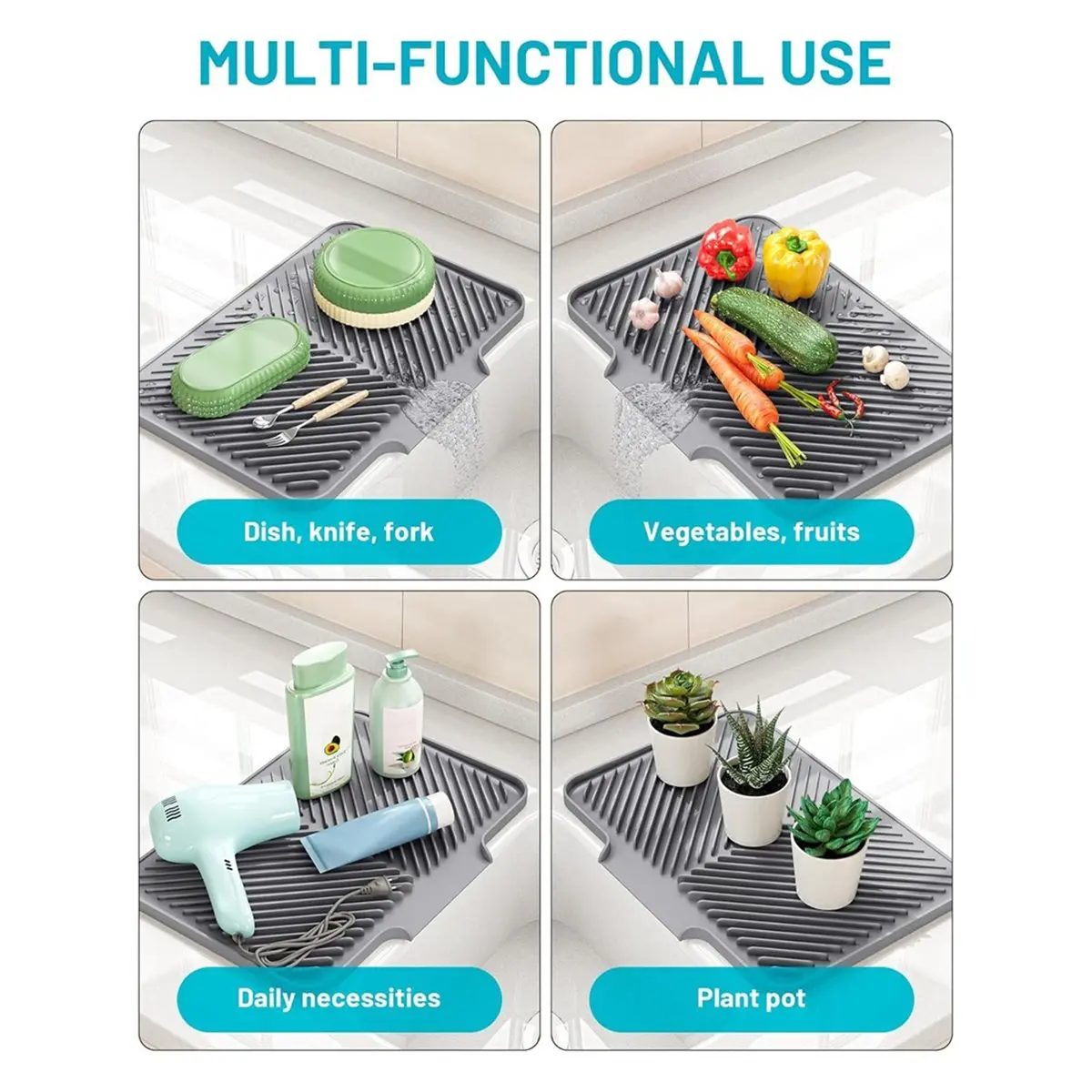 DT81 Dish Drying Mat Kitchen Counter - Silicone Dish Drying Pad with Built-in Drain for Sink, Refrigerator and Drawer Liner