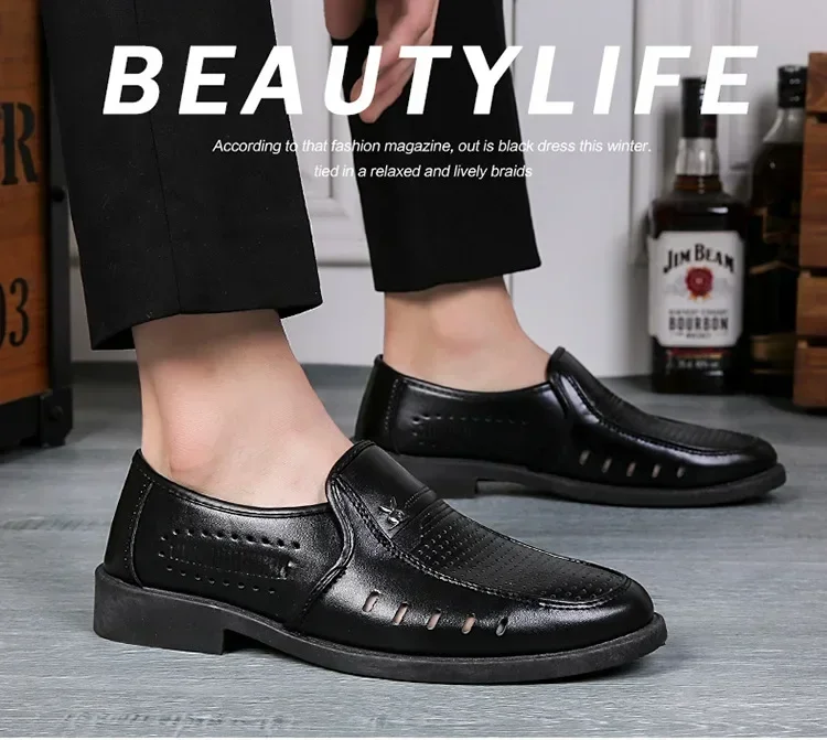 

Mens leather shoes business dress single shoe soft sole anti slip summer men's sandals dad's shoes cheap black Sneakers on offer