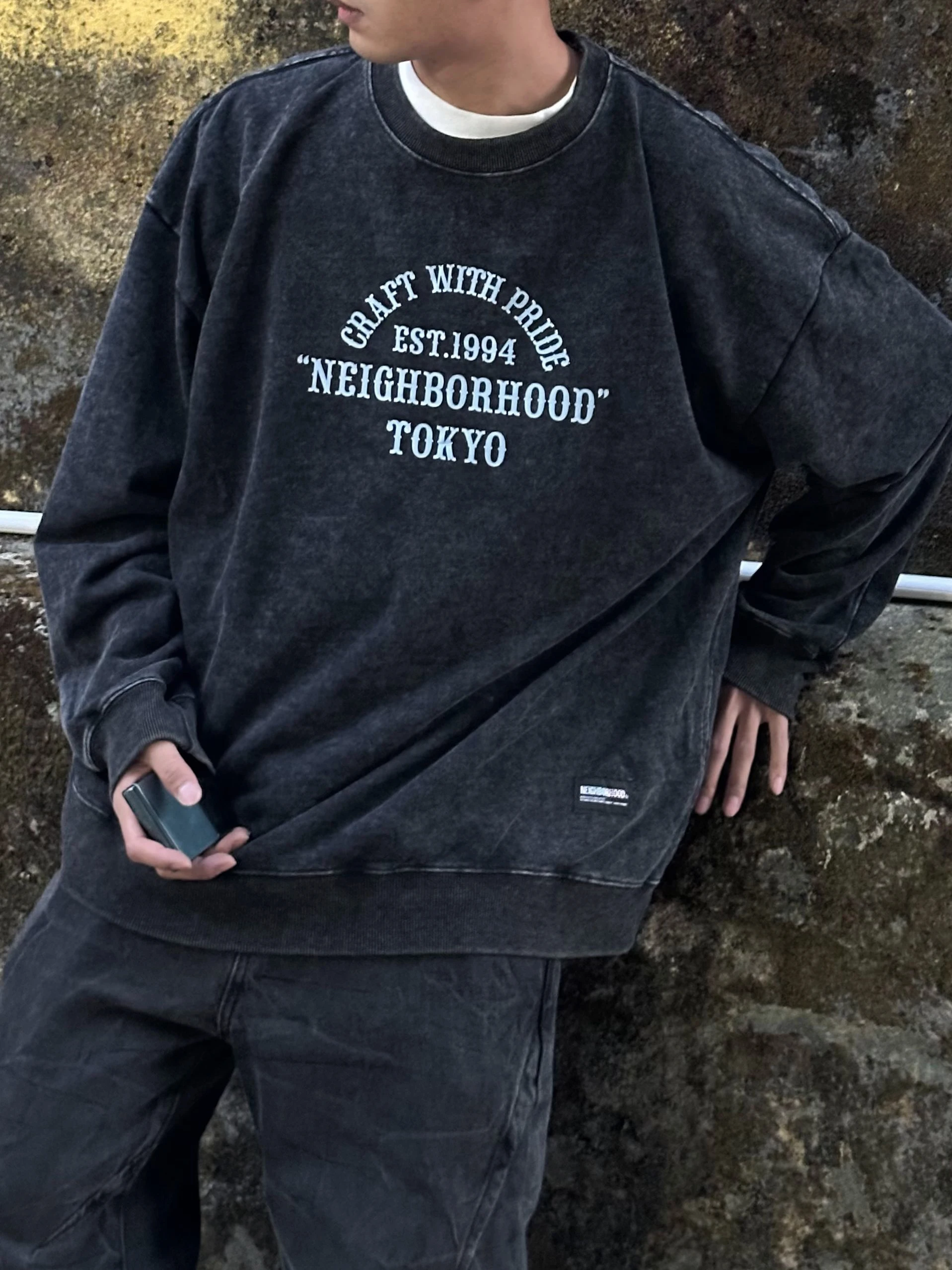 NBHD Heavyweight 360g Japanese Style Washed Black Print Wax Dye Loose Pure Cotton Hoodie round Neck Overhead Sweatshirt