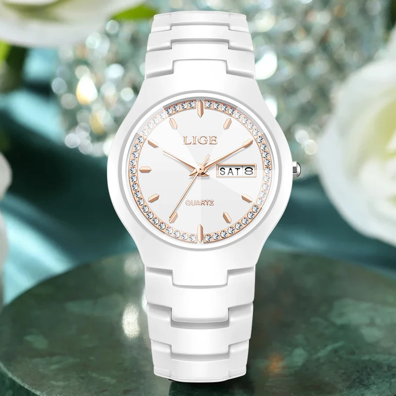 LUIK Merk Vrouw Horloge Keramiek Band Eenvoudige Waterdichte Kalender Week Quartz Horloges voor Vrouwen Elegante Dames Armband voor Geschenken
