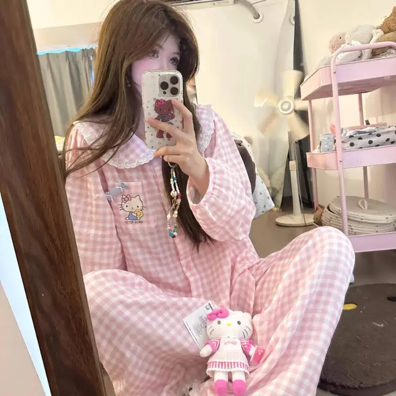

Горячие женские пижамы в стиле аниме «Hello Kitty» Sanrio, кардиган с героями мультфильмов, домашняя одежда, милый милый стиль, брюки с длинными рукавами для подростков, повседневный комплект
