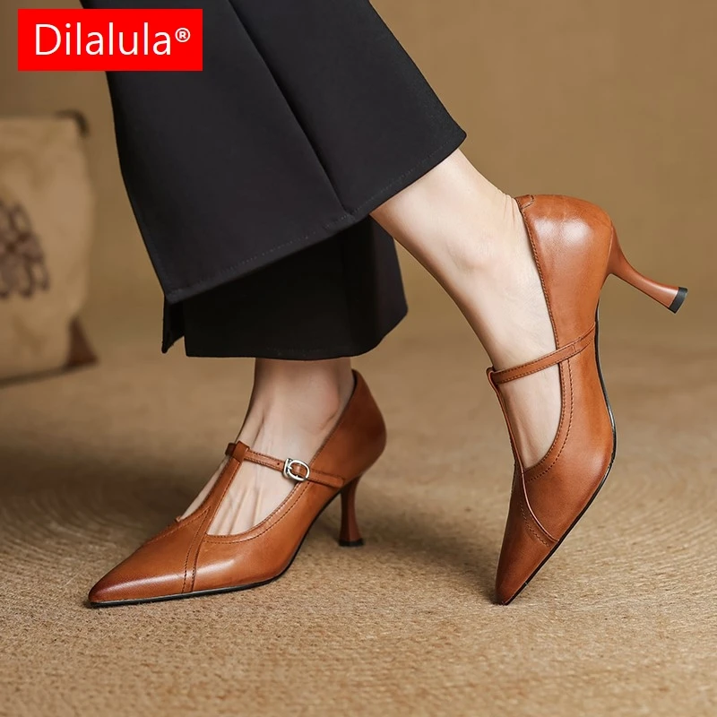 Dilalula 2025 Genuine Leather Office Ladies Pumps Pointed Toe T-strap Thin High Heels Mary Janes Leather Shoes For Women Dress
