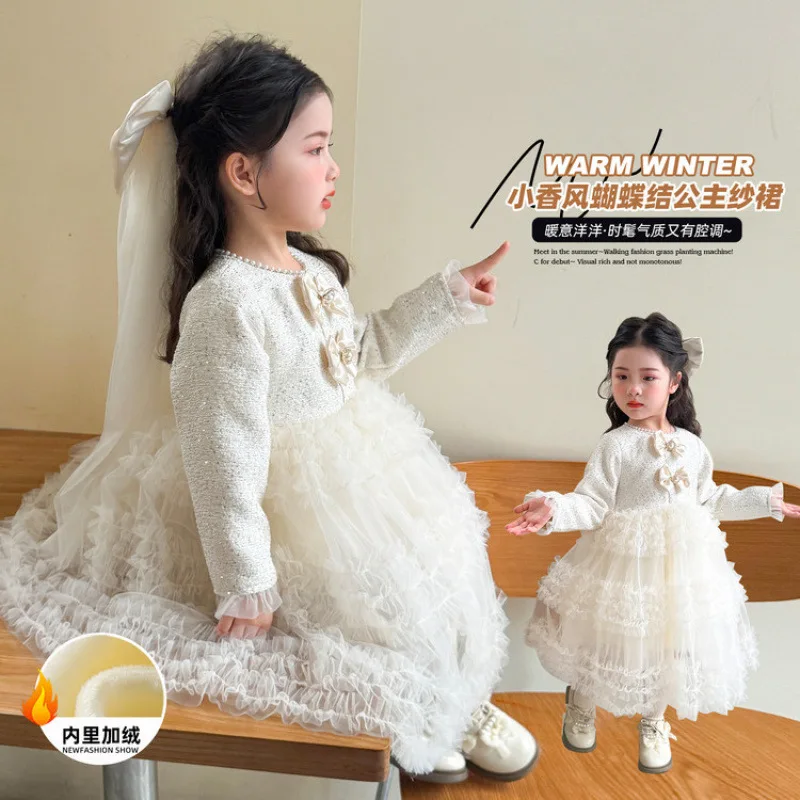 

Girls Princess Dress Fleece-lined Dress Winter Wear2025New Stylish Baby Girl First Birthday Dress Trendy