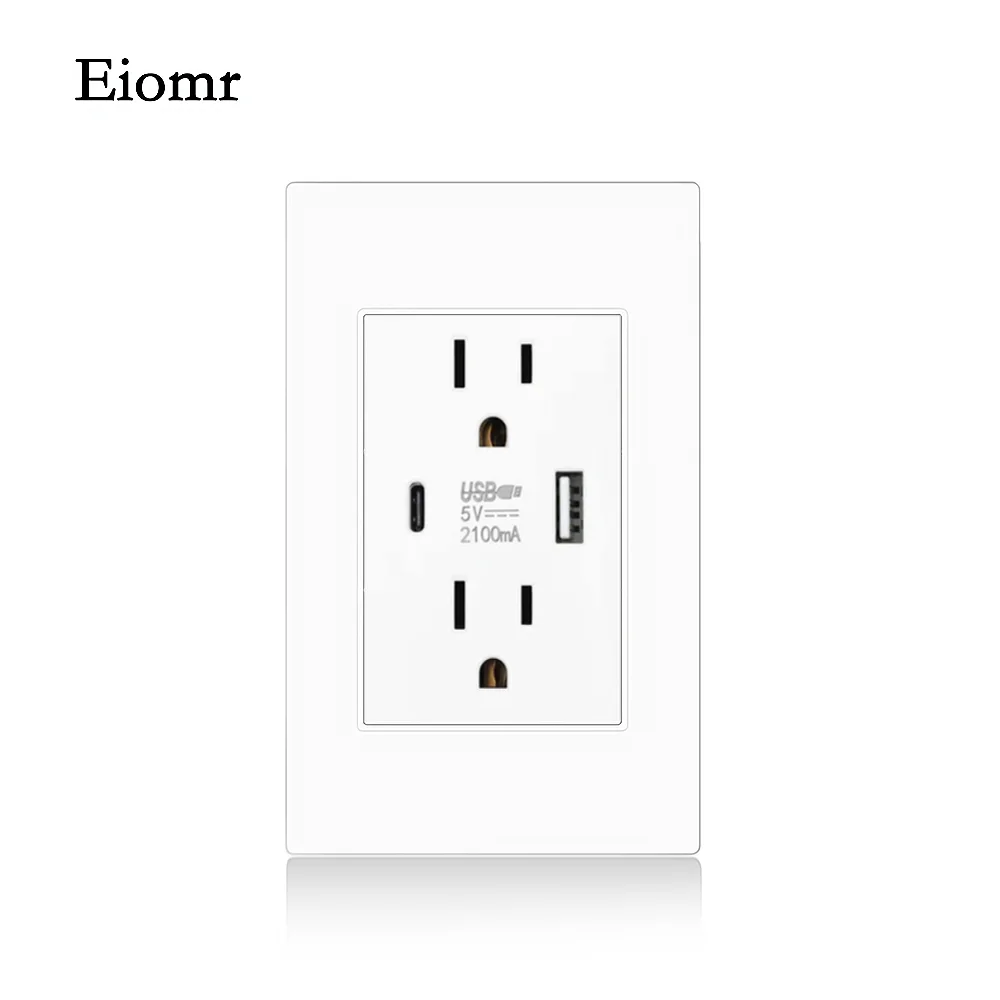 Eiomr US Standard Wall Socket with USB Type-C Charging Port 5V 2.1A, 118mm*75mm Fireproof PC Panel Wall Power US Outlet