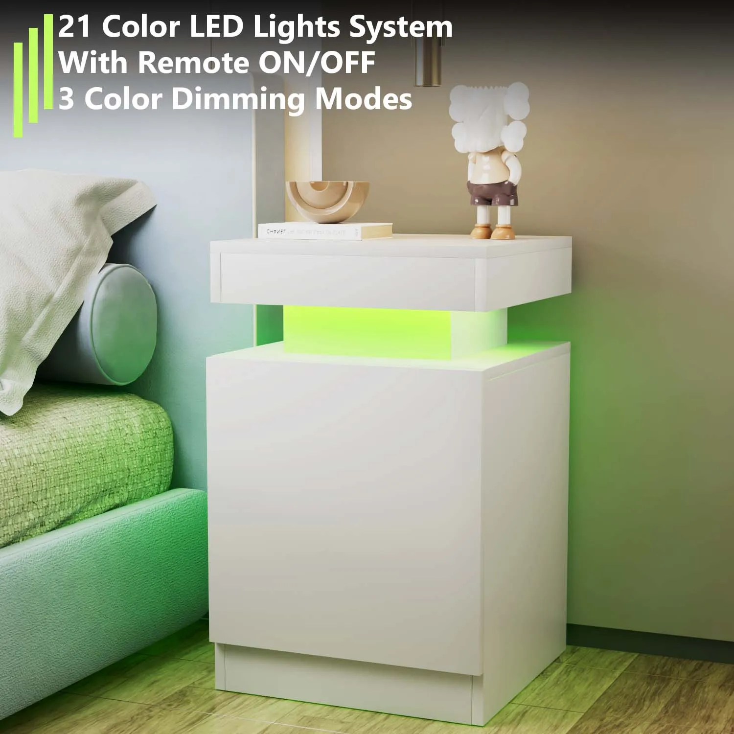 oneinmil Nightstand Set of 2 with LED Lights,Night Stand with Storage Cabinet for Bedroom,Bedside Table with LED, White