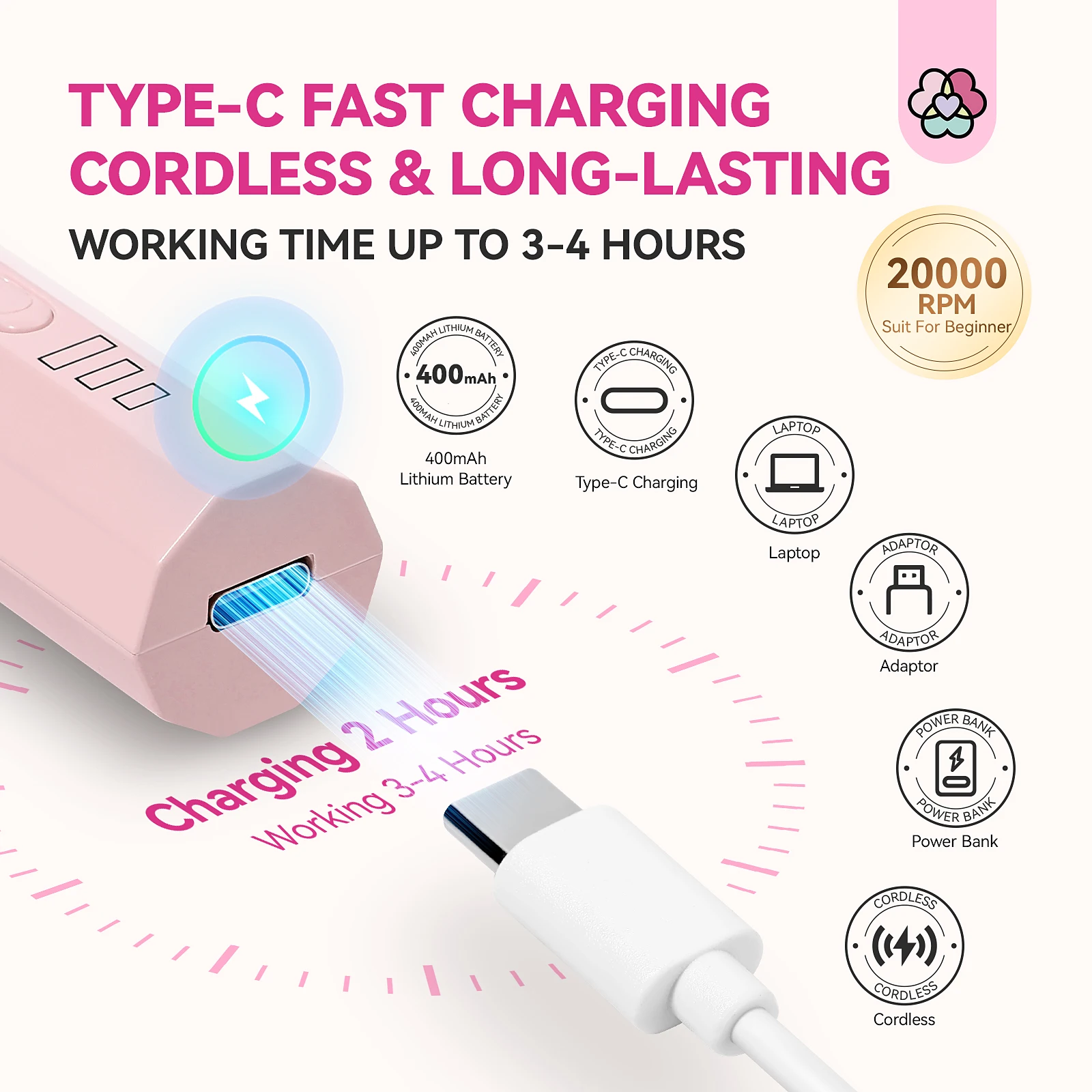 SAVILAND Lima per unghie portatile Cura Trapano elettrico per unghie Ricaricabile 20000 giri/min Strumenti per manicure e pedicure con punte complete