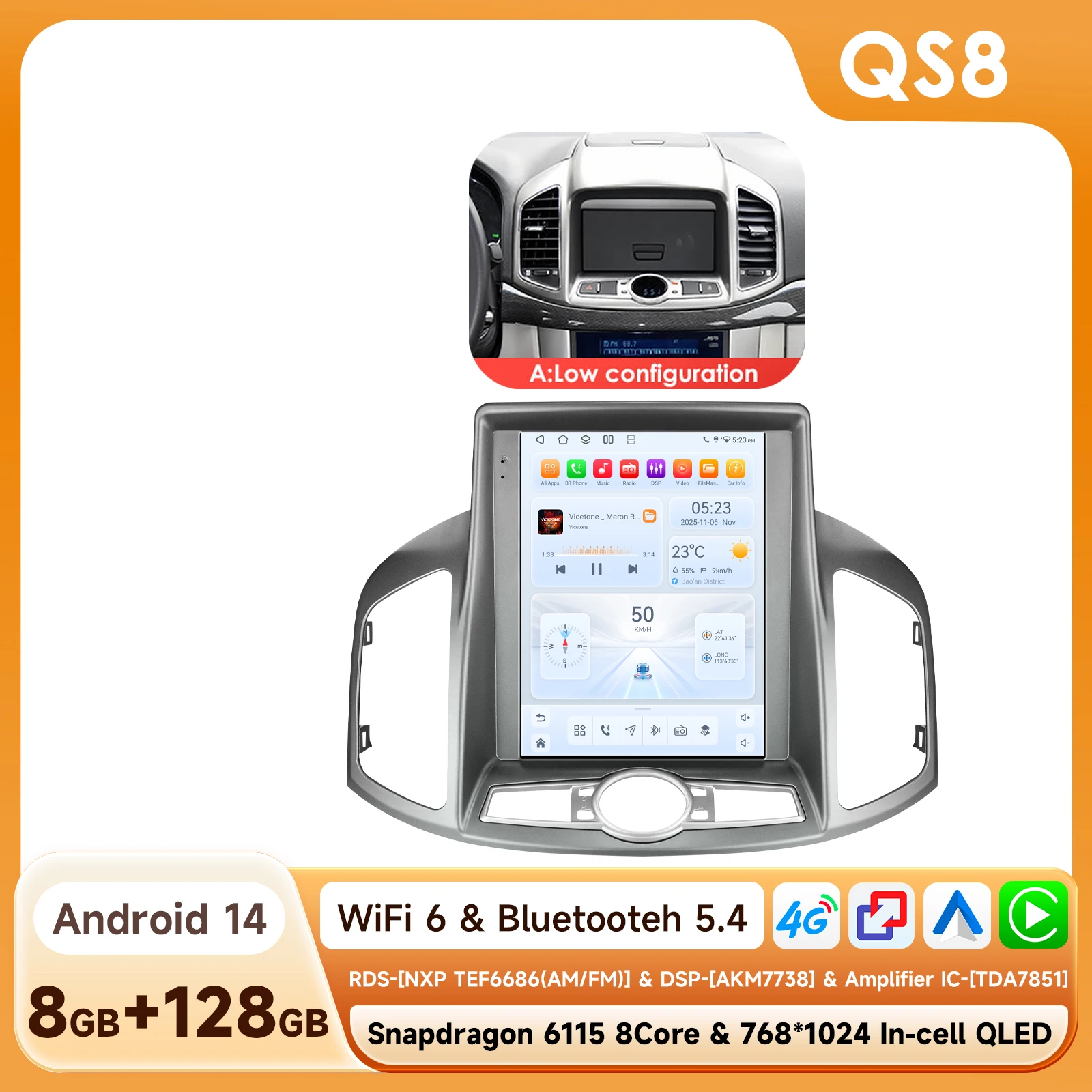 Hizpo autoradio met Snapdragon 6115, 9,7 inch scherm voor Chevrolet Captiva 2011 - 2017, multimediaspeler, GPS, DSP, stereo audio, Carplay, Android 14