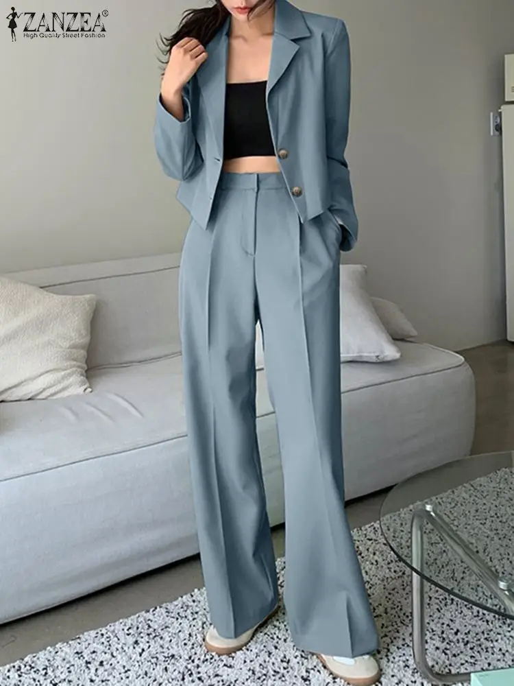 ZANZEA Eleganckie marynarki Garnitury Jednolita moda Dopasowane zestawy Topy z długim rękawem Spodnie z szerokimi nogawkami Vintage Casual Dres Garnitur roboczy 2023