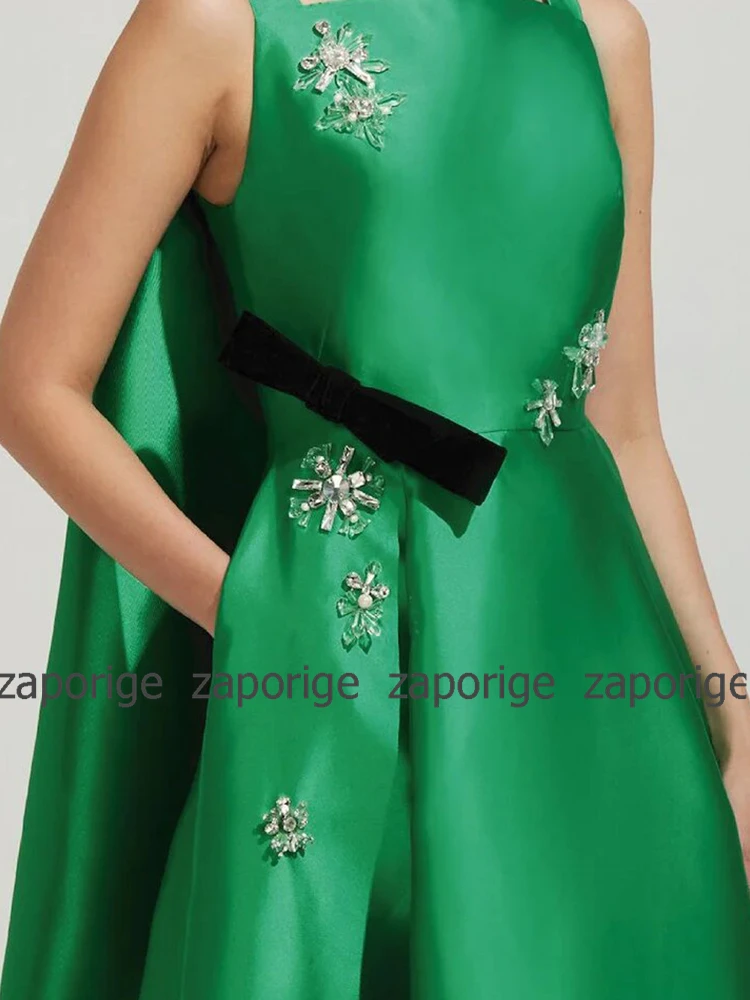 Green Elegant Luxury Evening Dress 2024 Satin Bow Rhinestone Bespoke Occasion Gown A-line Square Neck 2024 Long Dresses