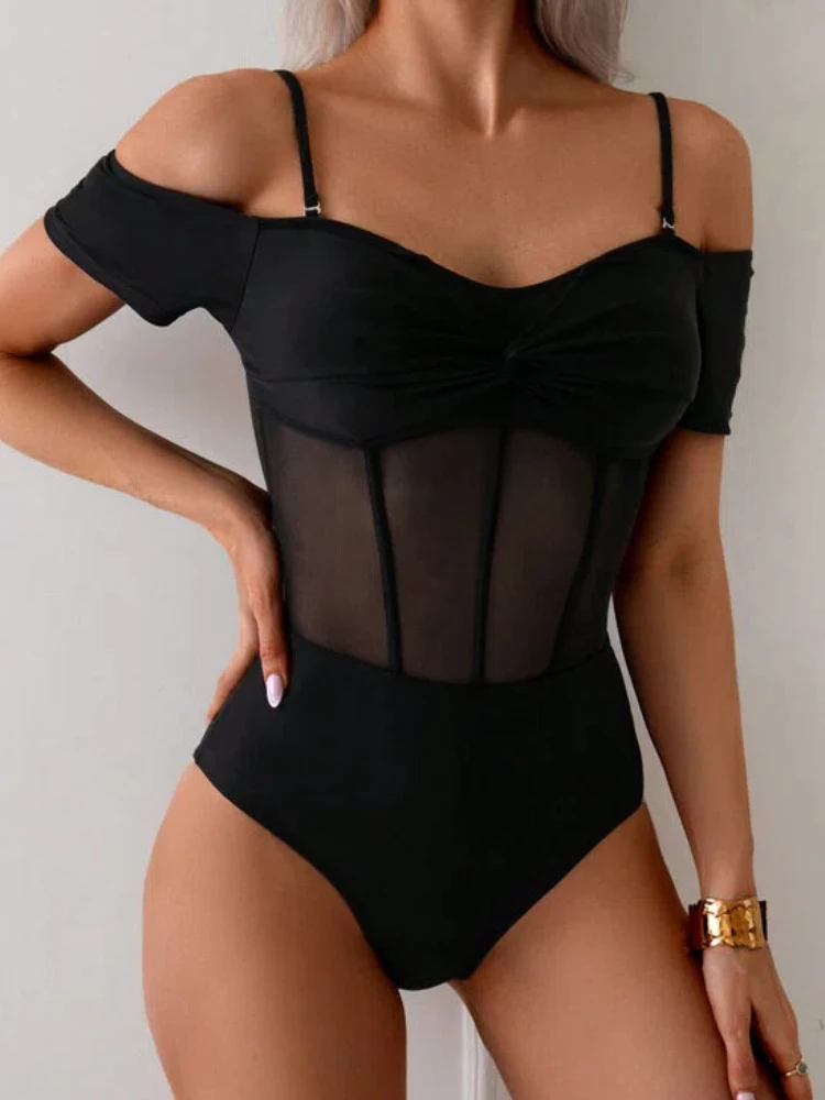 

One Piece Swimsuit Women's Tummy Control Push Up Swimwear Sexy V-Neck Printed Beach Vacation Bathing Suits See Through Bodysuit