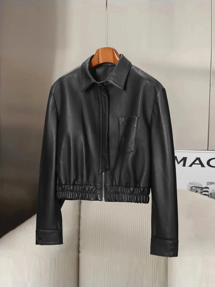 Lambskin Cropped Jacket for Women Spring Autumn 2024 Trend High-end Simple Casual Motorcycle Genuine Leather Coats