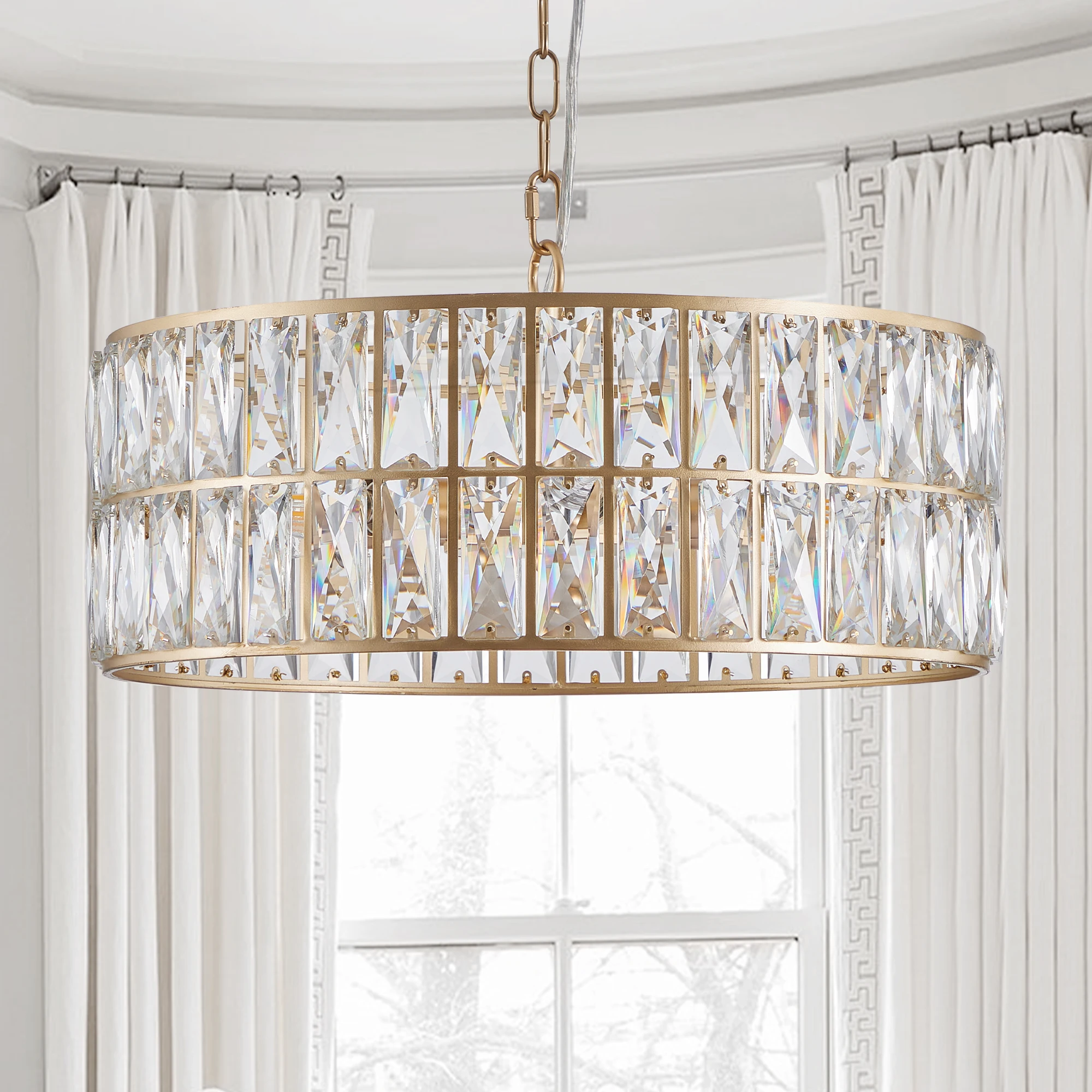 

Modern Crystal Drum Chandelier, 6-Light Pendant Lighting Fixture with Golden Metal Frame (Bulbs Not Included)