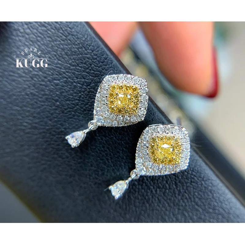 

KUGG серьги из 100% белого золота 18 карат, элегантные блестящие стильные серьги-гвоздики с настоящими натуральными желтыми бриллиантами для женщин, высокие свадебные украшения