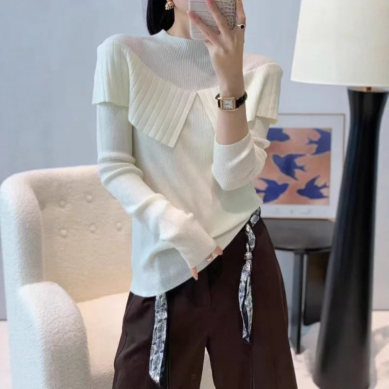 

Стильный трикотаж с французским воротником-стойкой для женщин, осень-зима, Новое поступление, стильный облегающий топ с рюшами, красивый базовый слой