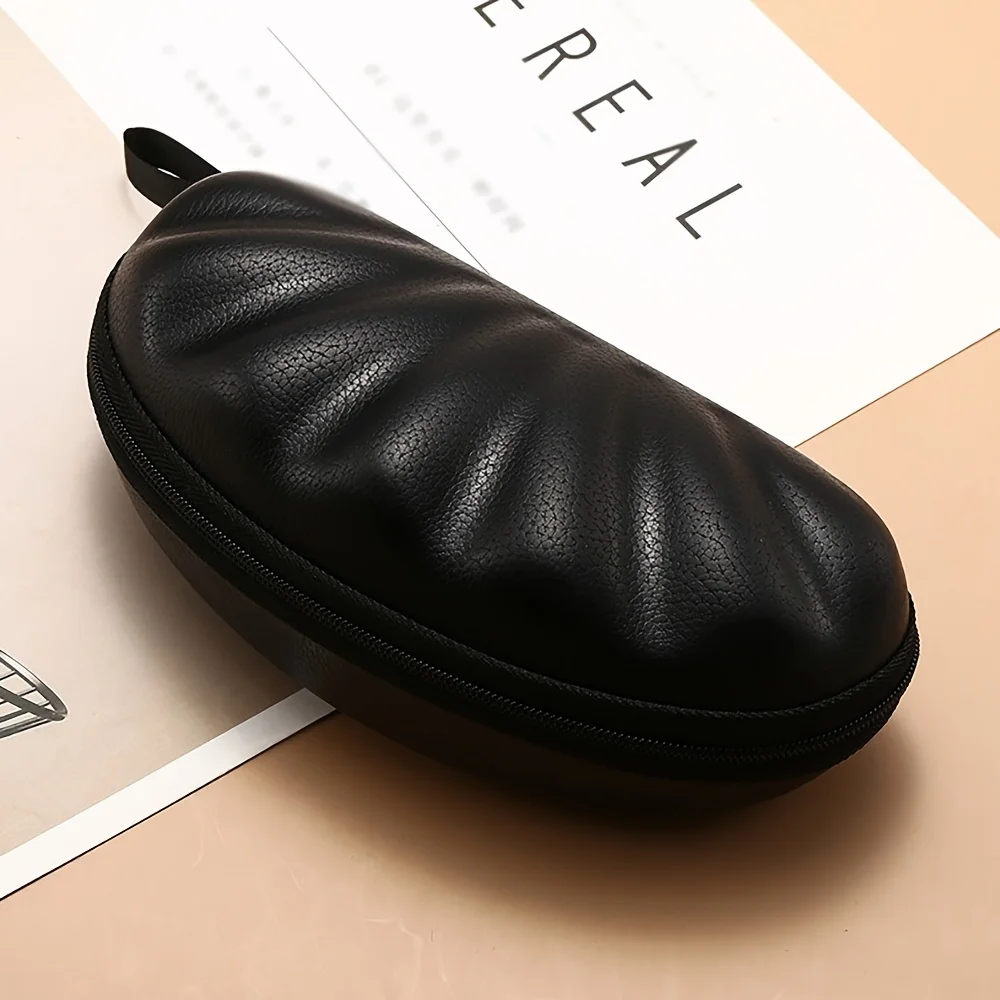 Black Faux Leather Fashion Shell-Shaped Zippered Glasses Case -Durable EVA,Portable Eyewear Storage Box for Men,Eye Glasses Case